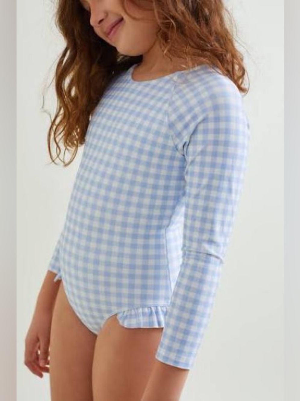 Girls Minnow Swim Long Sleeve Swimsuit in blue gingham. Size 9 / 10.